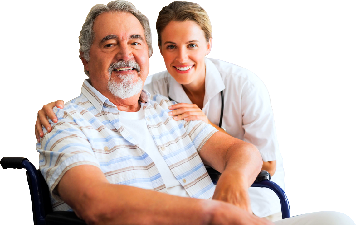 elder man on a wheelchair with caregiver